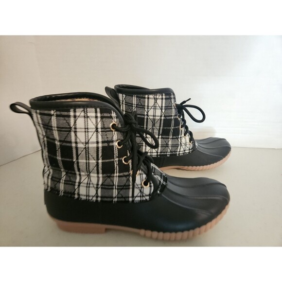 Simply Southern Collection Lace Up Rain Duck Boot Plaid Womens 6 Black White - Picture 3 of 7